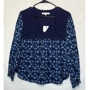 NWT Melissa Nepton Women's M Blue Calvin Mixed Media Floral Print Sweater Top
